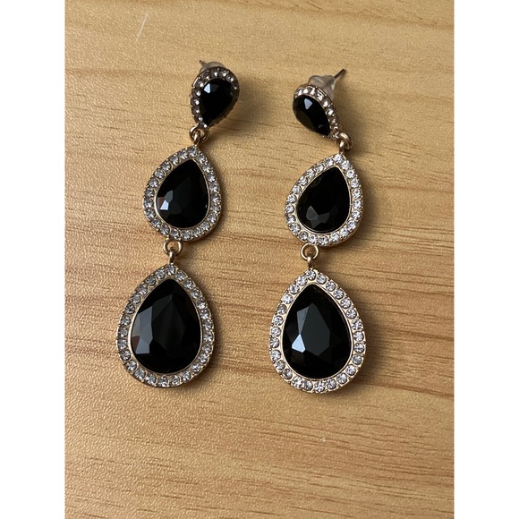 Jewelry - Black Teardrop Dangle Earrings Gold Tone Crystal Halo Triple Tier Statement